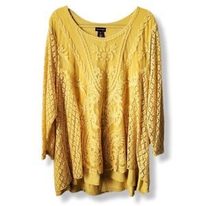 Women Multiples Yellow Mustard Gold Boho Tunic Top 2X Embroidered Lace Fall NEW